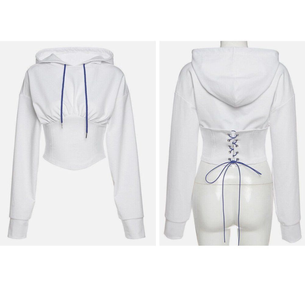 White Long Sleeve Crop Top Hoodie with Corset and Lace-Up Open Back